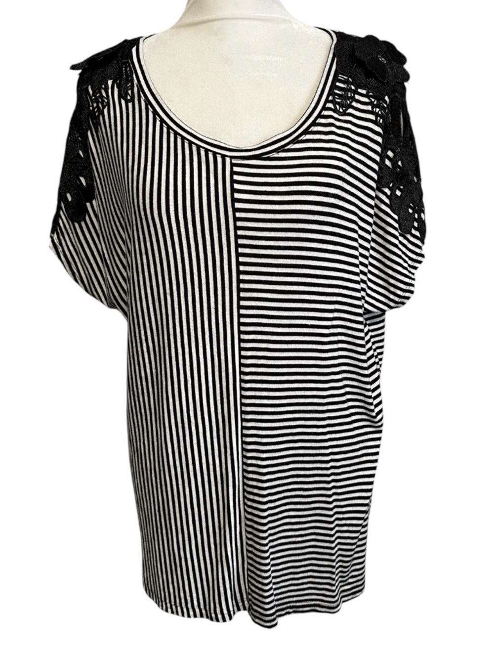 CJ Banks Black & White Striped Lace Shoulder Top side X